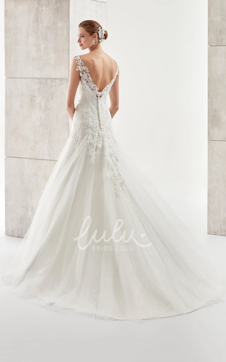 Low-V Back A-Line Wedding Dress with Floral Straps