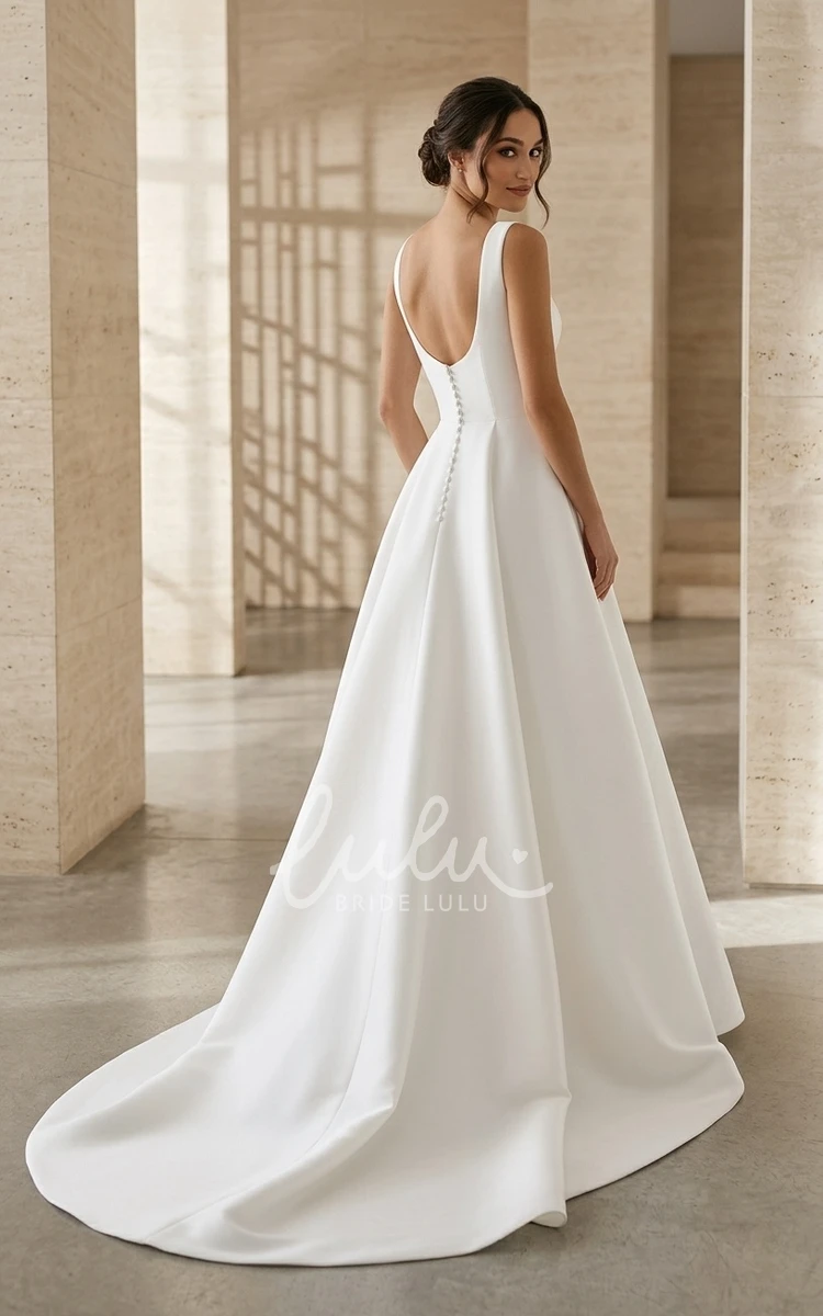 Modern Simple Square Neck Wedding Dress A-Line Sleeveless Satin Bridal Gown