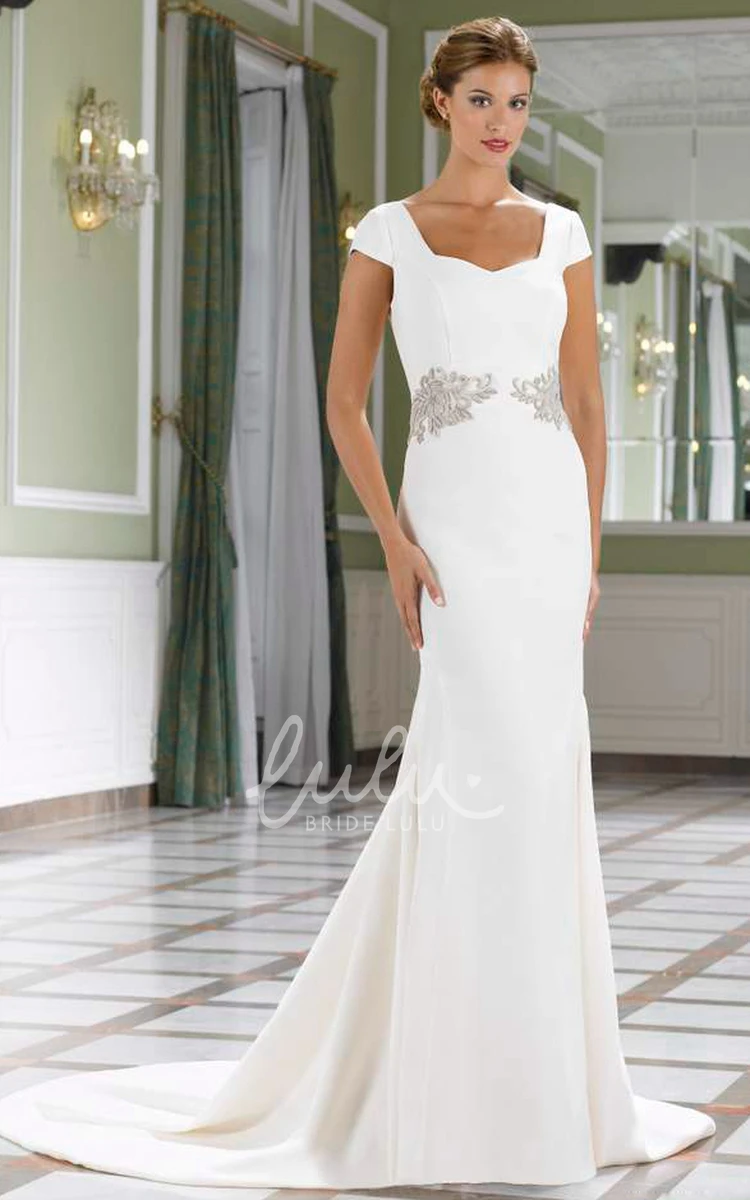 Short-Sleeve Square-Neck Satin Wedding Dress in Sheath Style