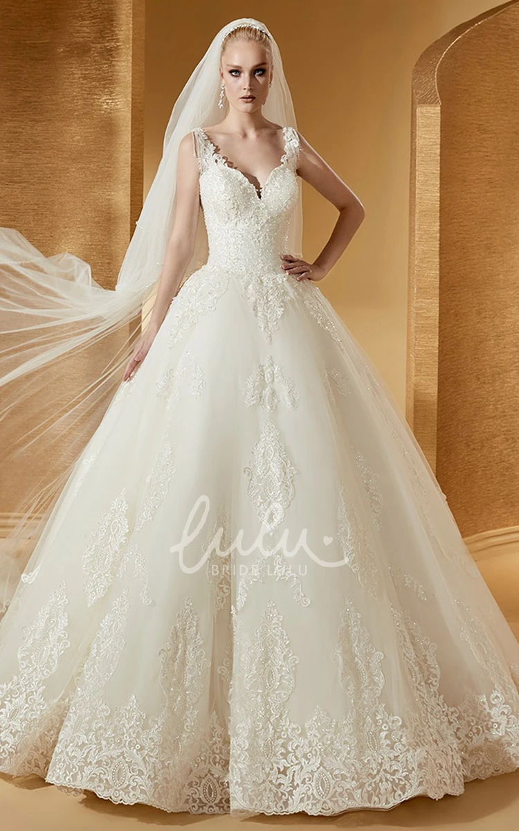 Cap Sleeve V-Neck Ball Gown with Lace Bodice Elegant Bridal Gown