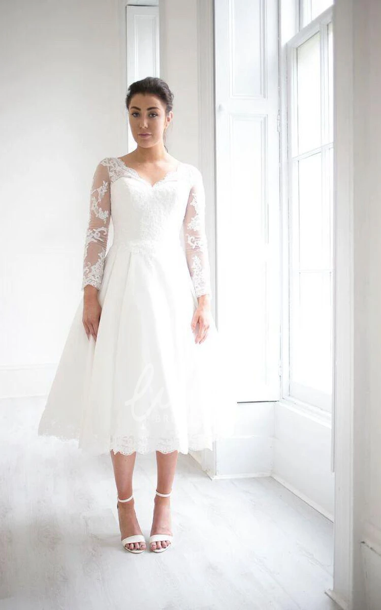 Keyhole Back Tea-Length Wedding Dress with Illusion Sleeves