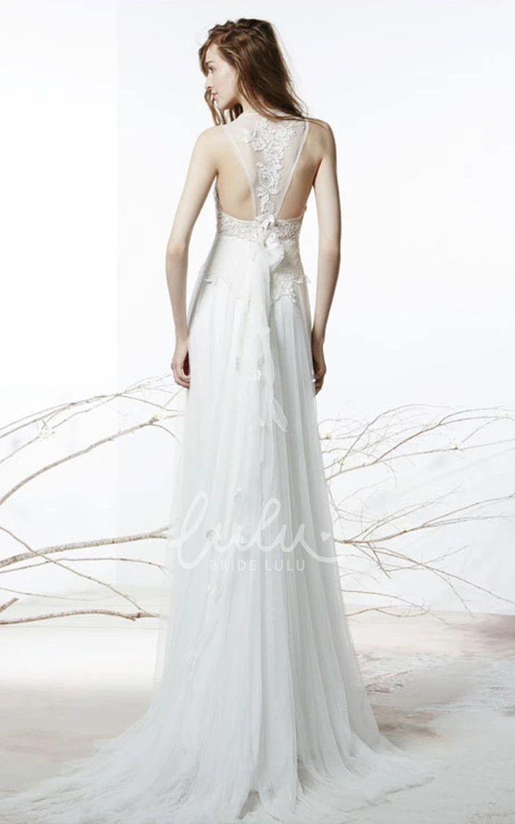 Bowed Tulle Wedding Dress with Sweep Train Long Appliqued Scoop Neckline Bridal Gown