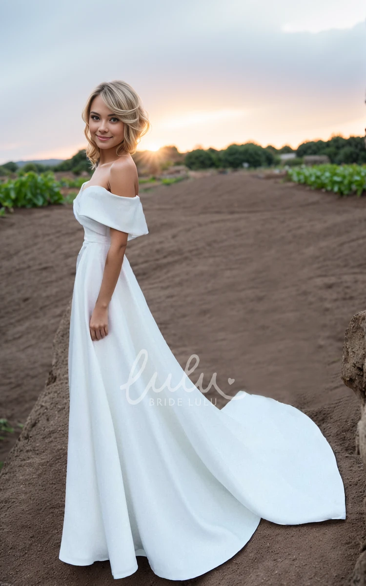 A-Line Sexy Off-the-Shoulder Solid Satin Ruching Long Wedding Gown with Sweep Train