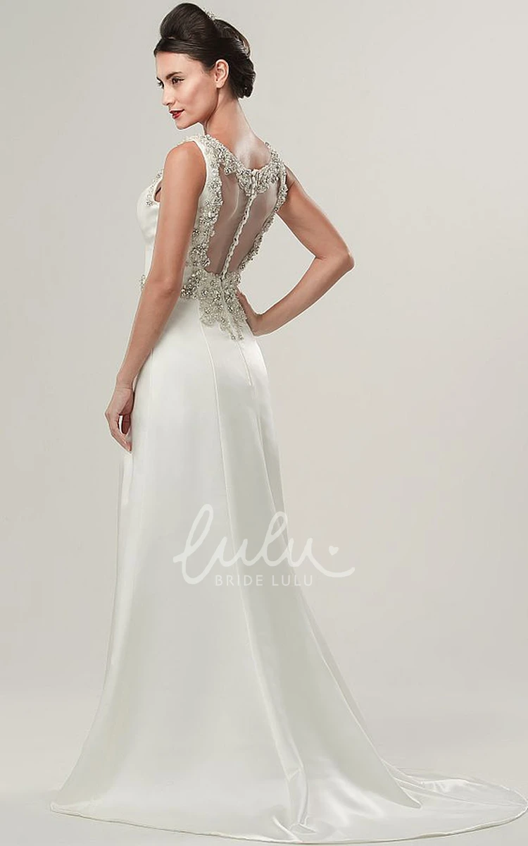 Satin Square Neckline Wedding Dress with Beaded Bodice and Sweep Train