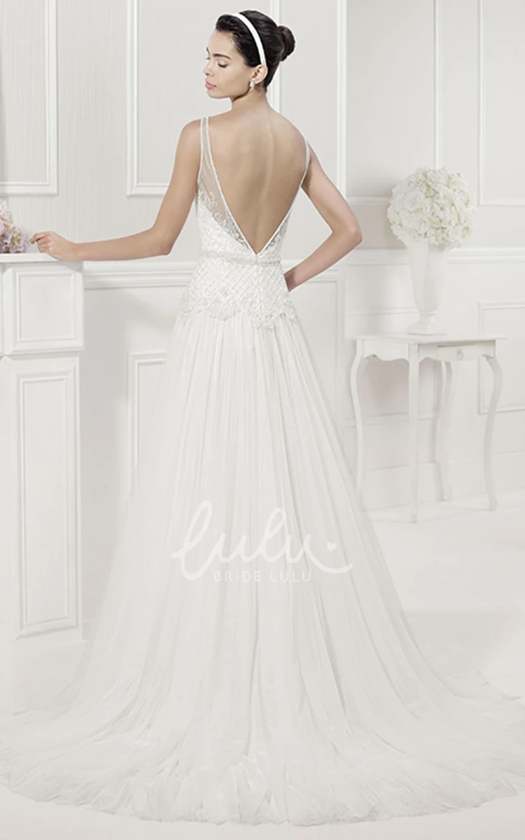 Sleeveless Bateau Neckline Pleated Tulle Bridal Gown with V-Back