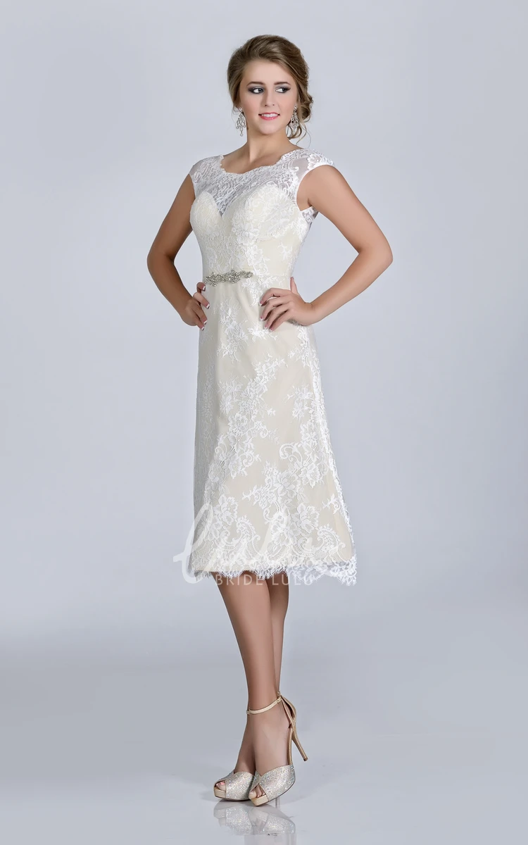 Knee Length Cap Sleeve Lace Wedding Dress with Crystal Brooch Classic Bridal Dress