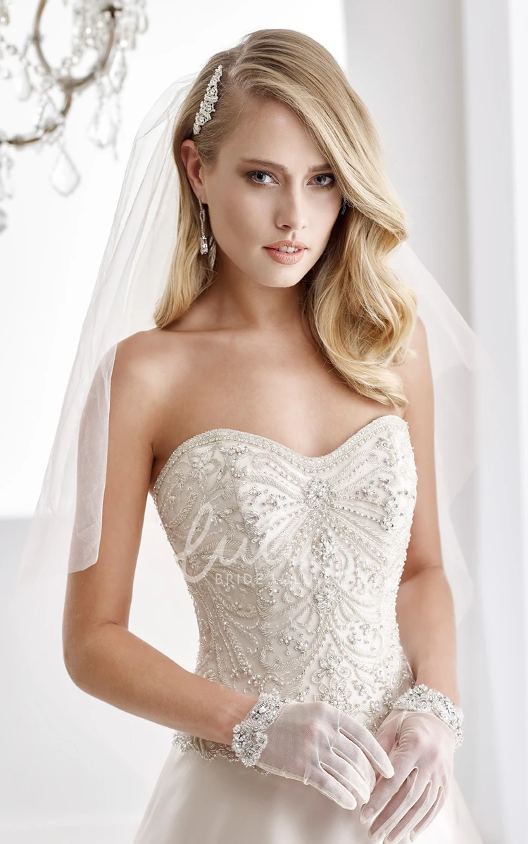 A-Line Stain Wedding Dress with Beaded Bodice and Lace-Up Back Sweetheart