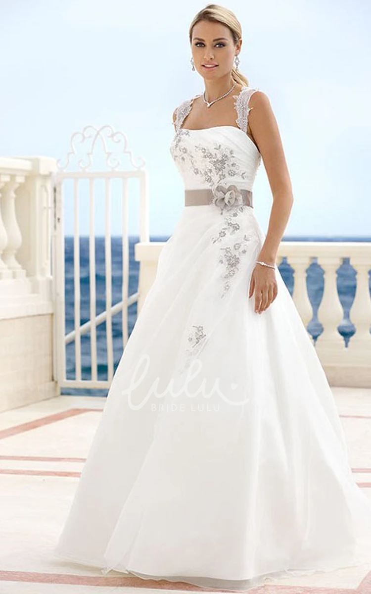 Draped Satin Wedding Dress with Floral Straps and Keyhole Country Bridal Gown
