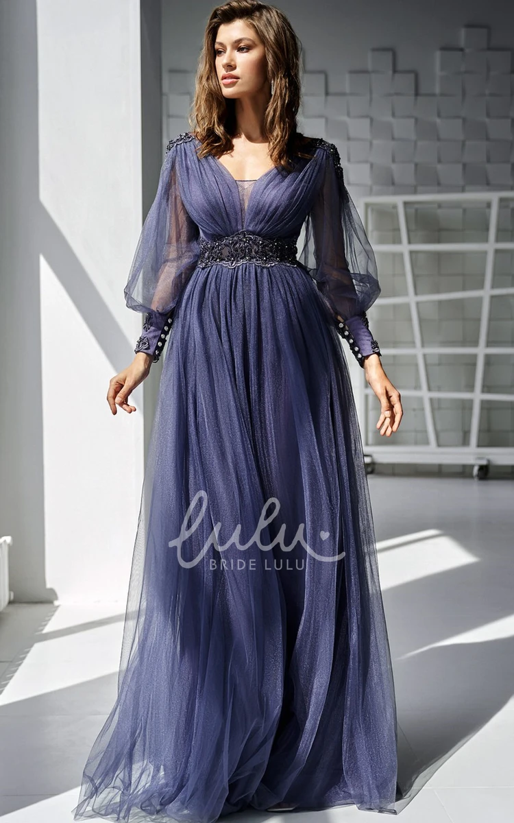 V-neck Tulle Mother Dress with Beading and Sash Casual A Line Formal Dress