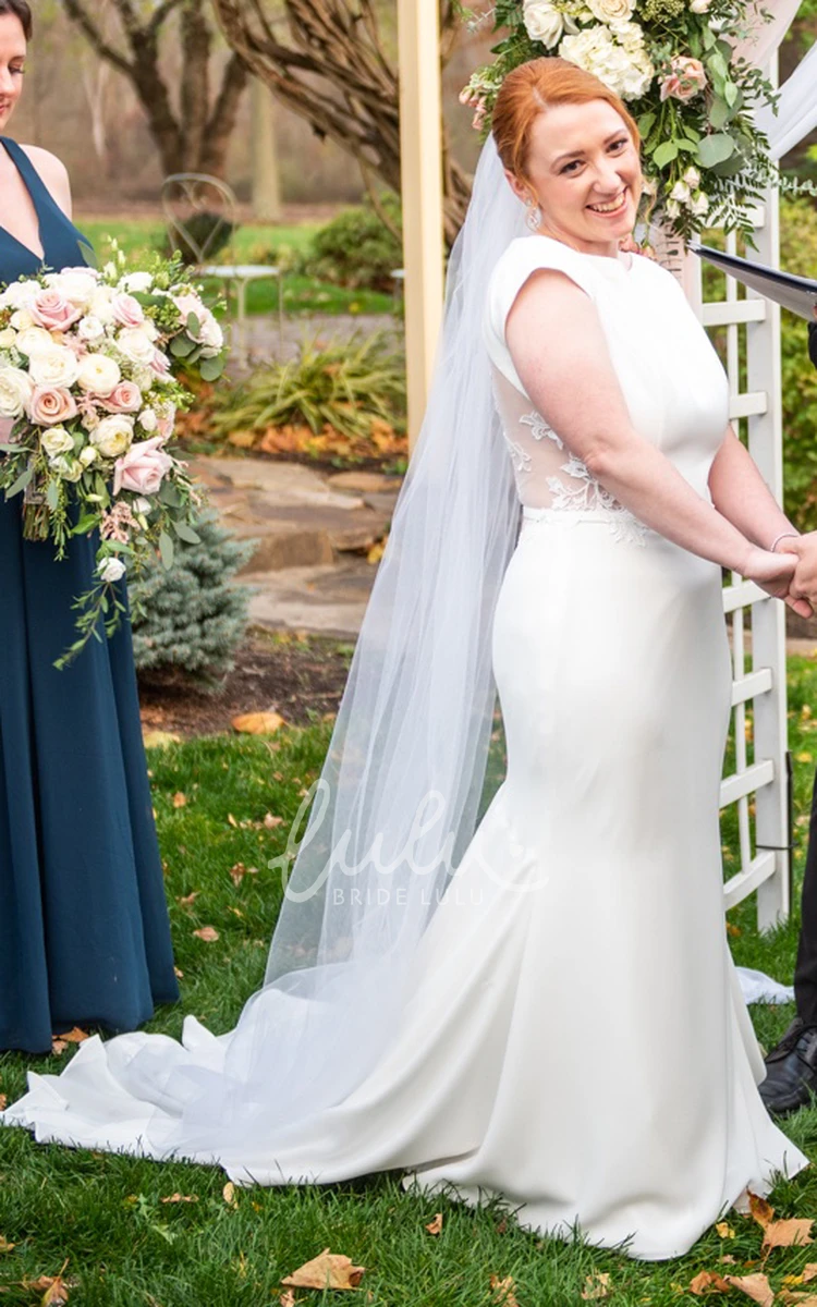 Solid Satin Mermaid Jewel Neckline Sweep Train Short Cap Sleeve Garden Wedding Dress