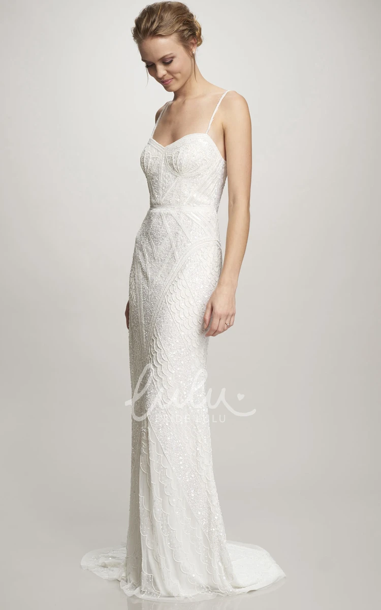 Beaded Chiffon Spaghetti Wedding Dress Maxi Sweep Train