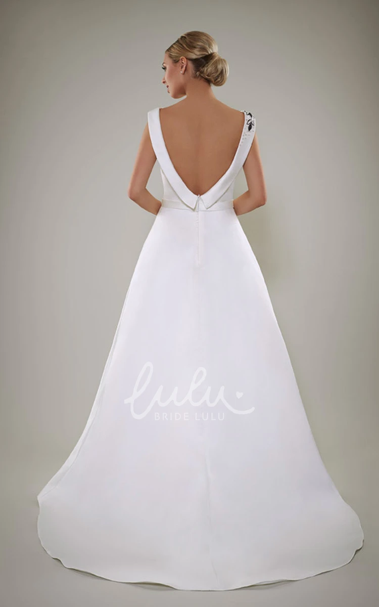 Beaded Satin A-Line Wedding Dress with Deep-V Back and Sweep Train