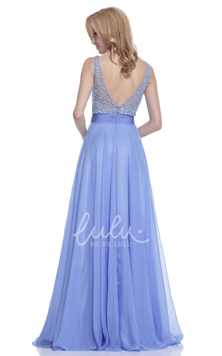 A-Line Chiffon Beaded Formal Dress with Low-V Back and Pleats