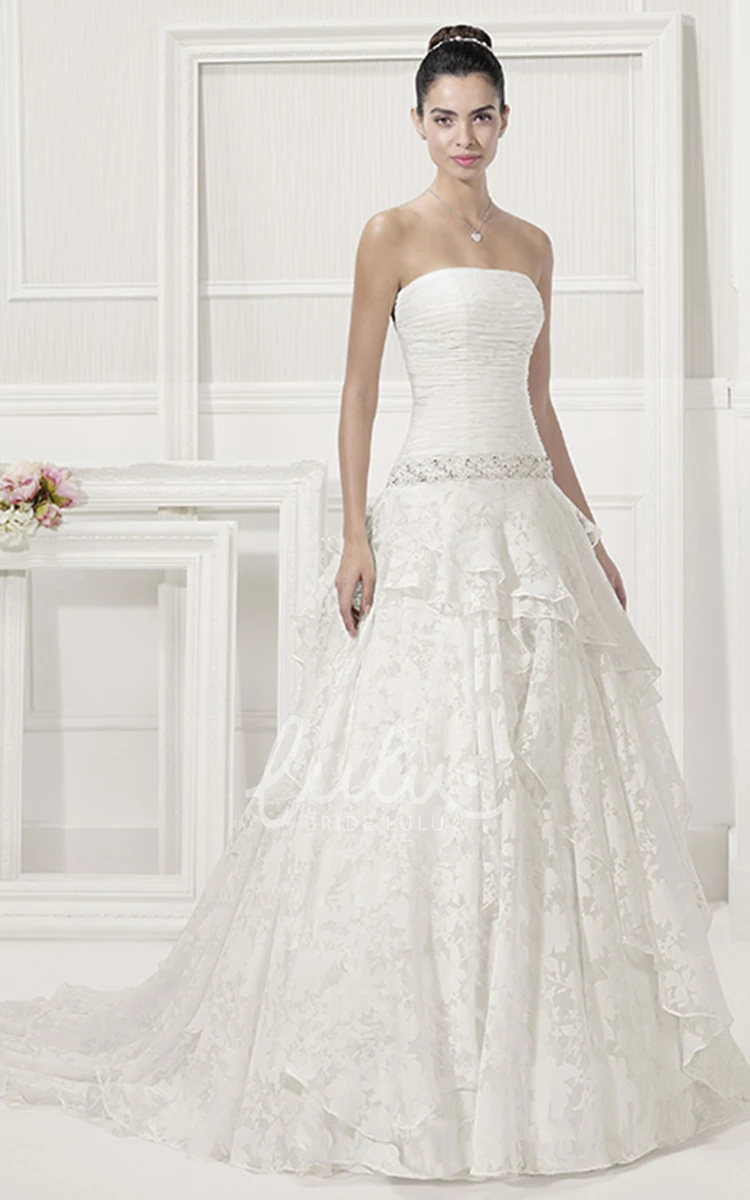 Ruched Strapless Lace Wedding Dress with Crystal Drop Waist