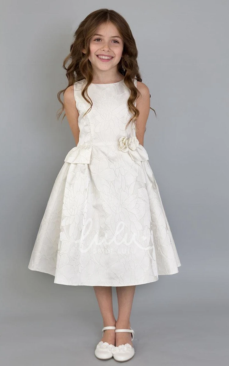 Peplum Floral Embroidered Tea-Length Flower Girl Dress with Pleats