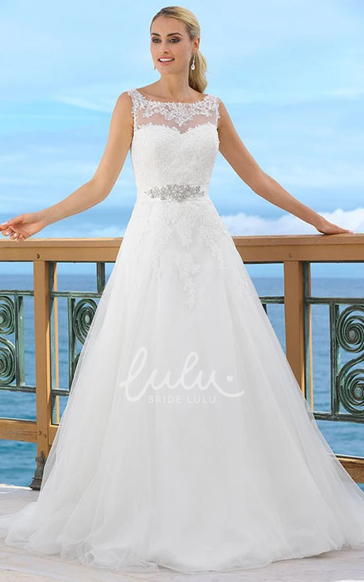 Jeweled Tulle Floor-Length Wedding Dress with Bateau Neckline