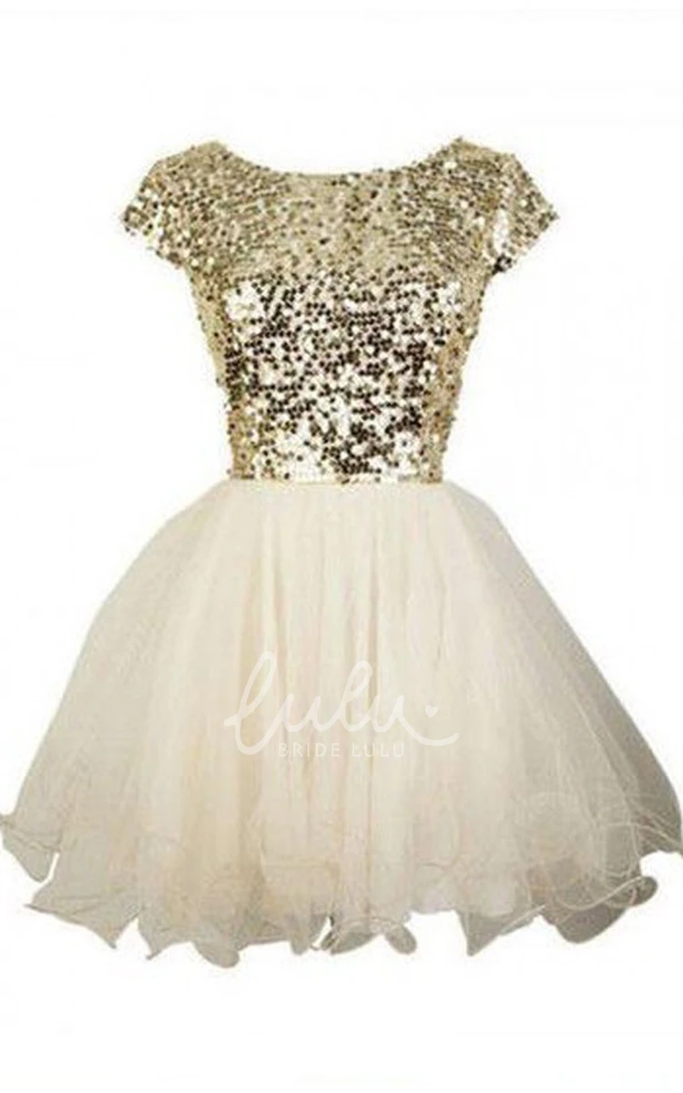 Bateau Ruffle Short Sleeve Sequin A-line Homecoming Dress