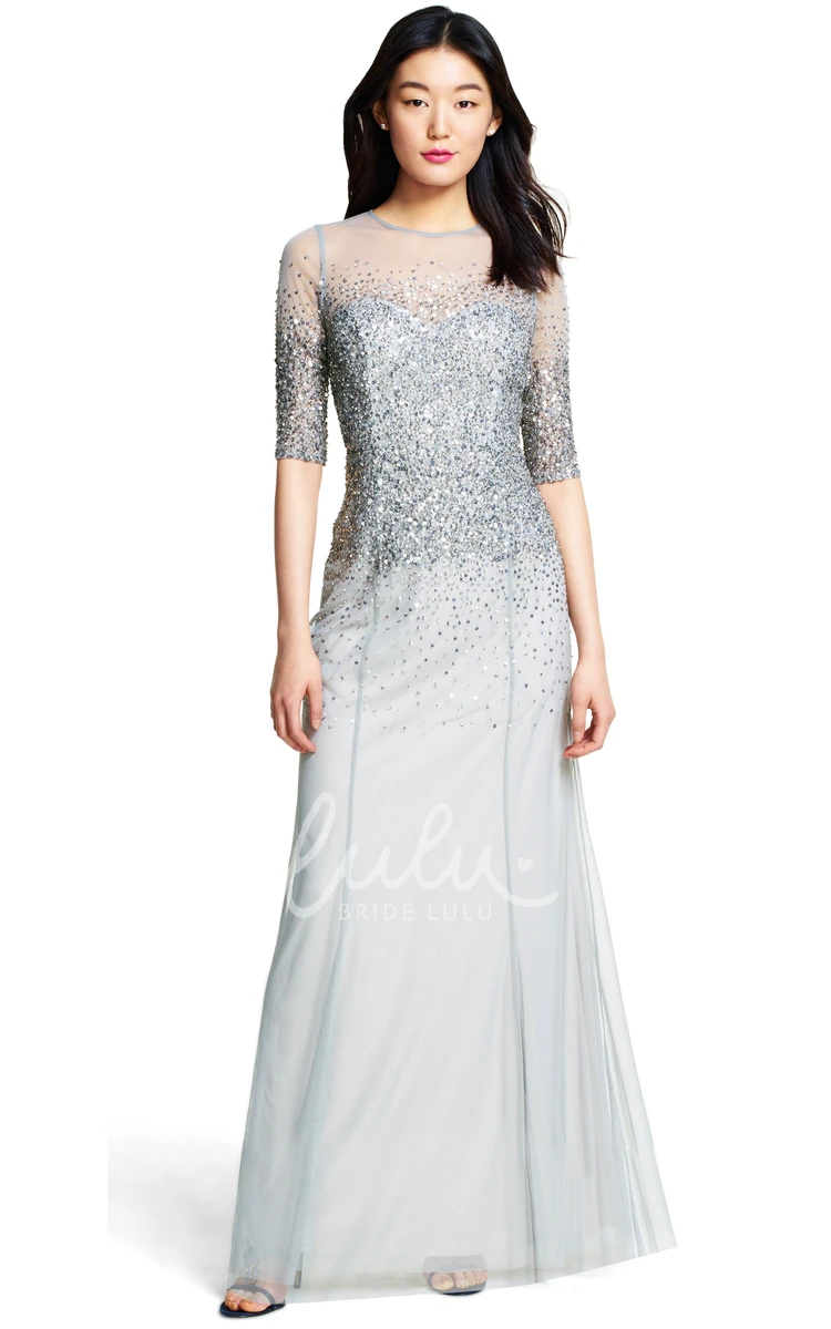 Jewel Neck Tulle Bridesmaid Dress with Half Sleeves in Sheath Style