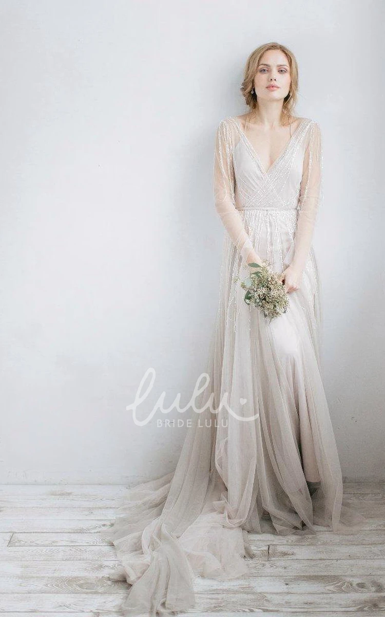 Beaded Illusion V-Neck Tulle Wedding Dress