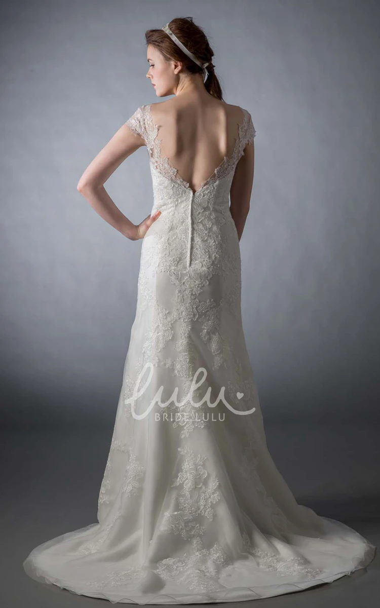 Mermaid Appliqued Tulle Wedding Dress Cap Sleeve Bateau Neck