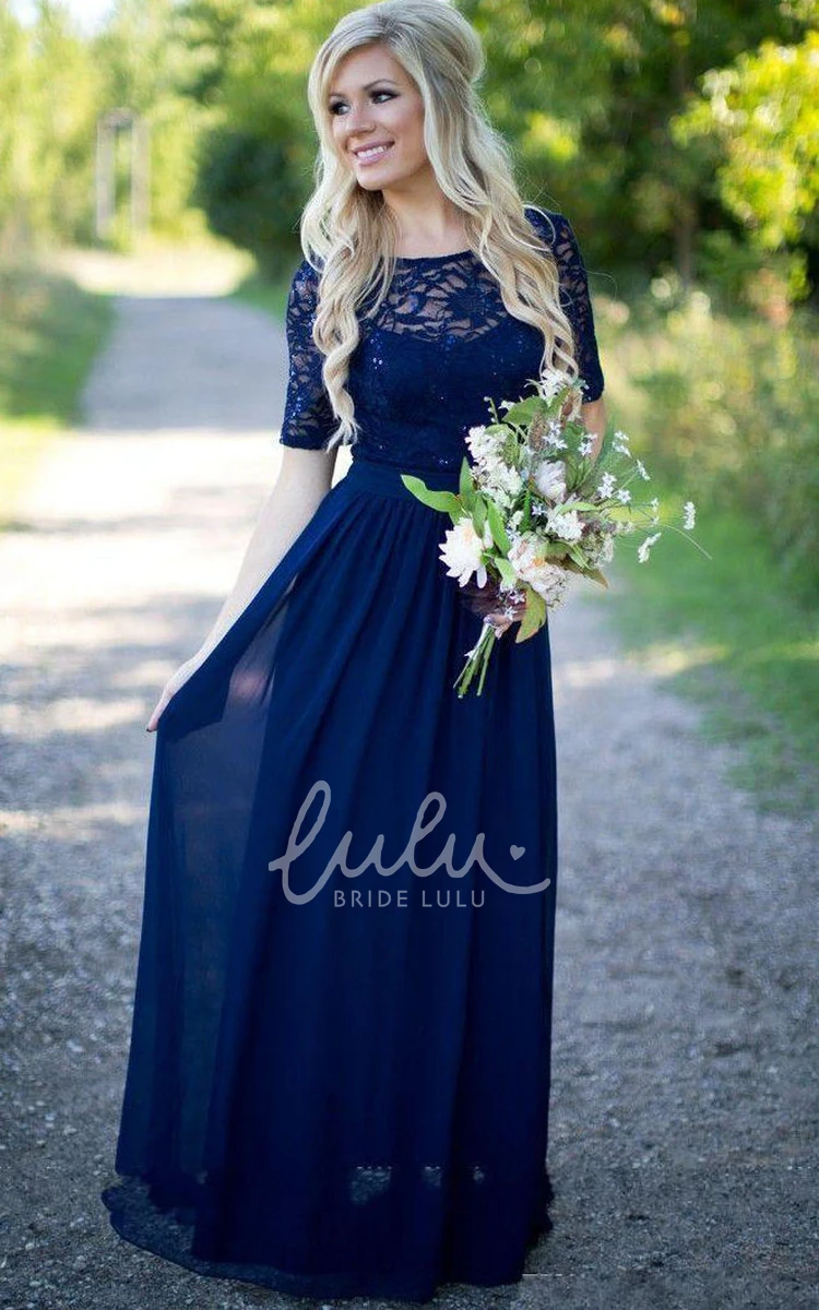 Scoop Neck Chiffon Lace Bridesmaid Dress with Half Sleeves