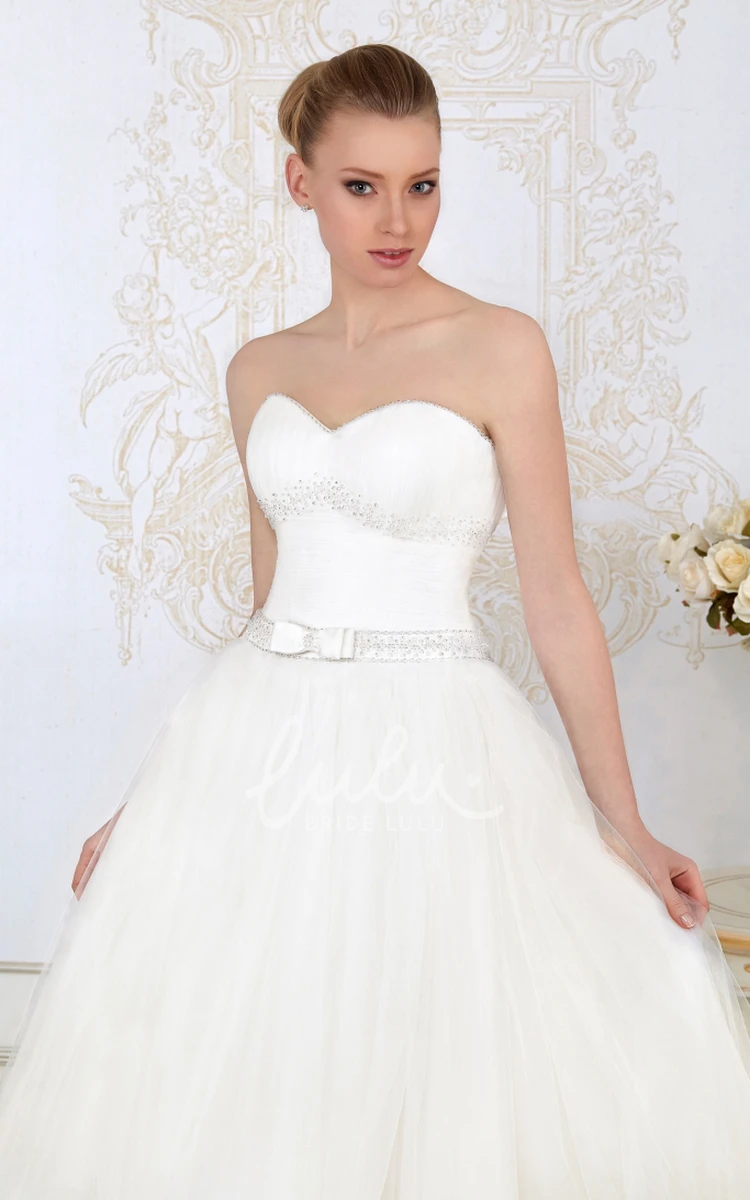 Sweetheart Tulle Wedding Dress Ruched Floor-Length Sleeveless with Beading and Bow