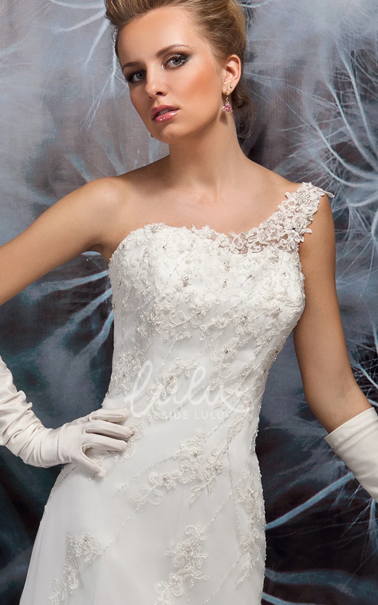 Appliqued Lace and Tulle Wedding Dress with Chapel Train A-Line One-Shoulder