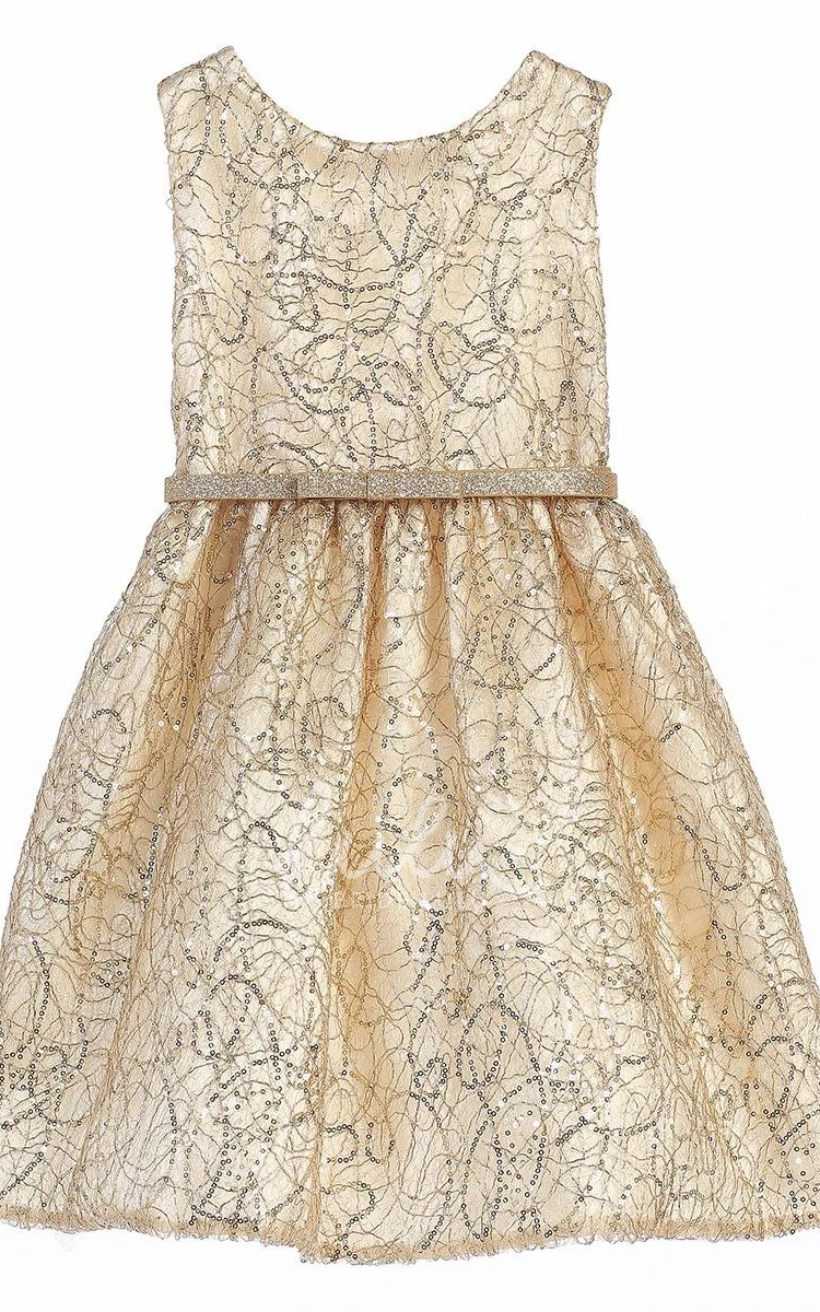 Sequins & Satin Tiered Tea-Length Flower Girl Dress with Embroidery Modern Wedding Dress