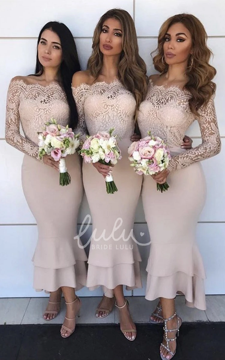 Long Sleeve Satin Lace Bridesmaid Dress Trumpet & Casual with Tiers