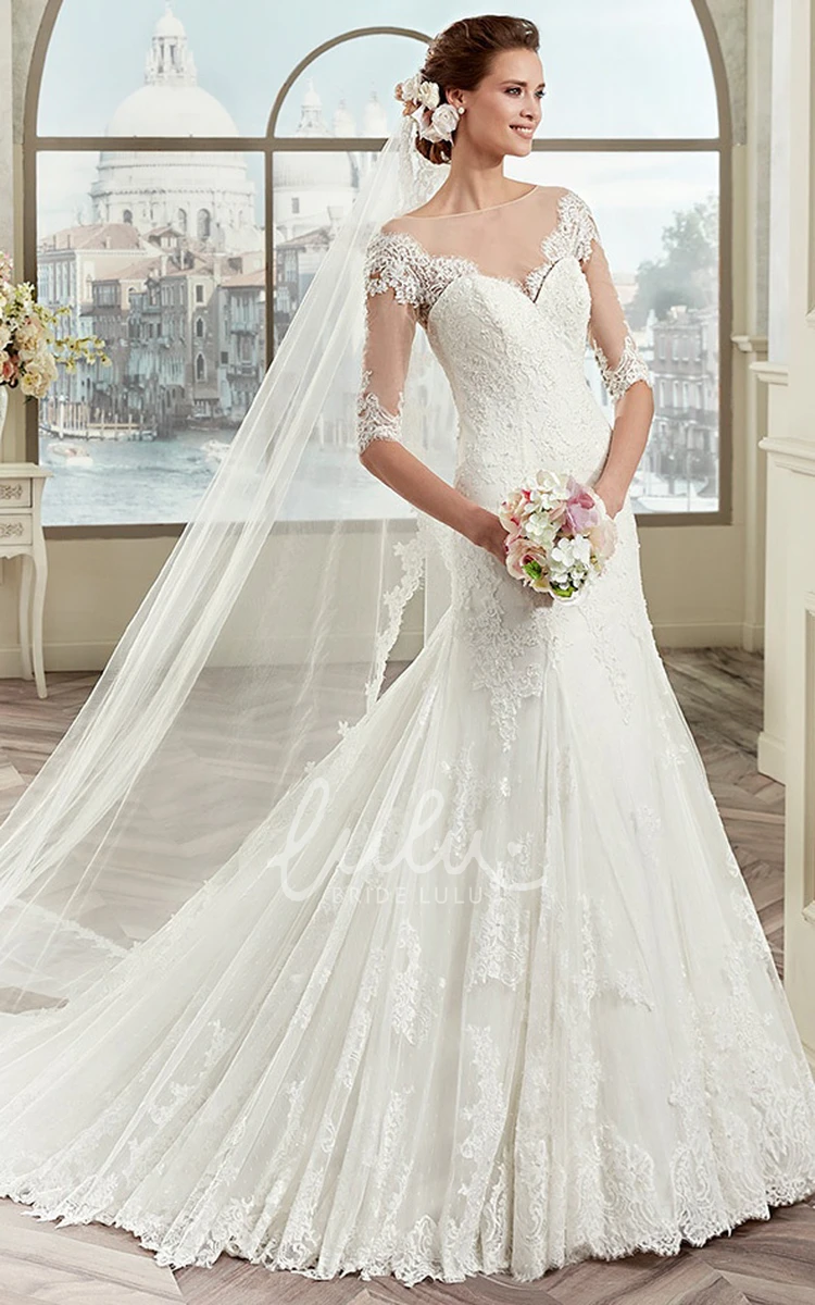 Illusive Design Lace Wedding Dress with Brush Train Half-sleeve Elegant 2025