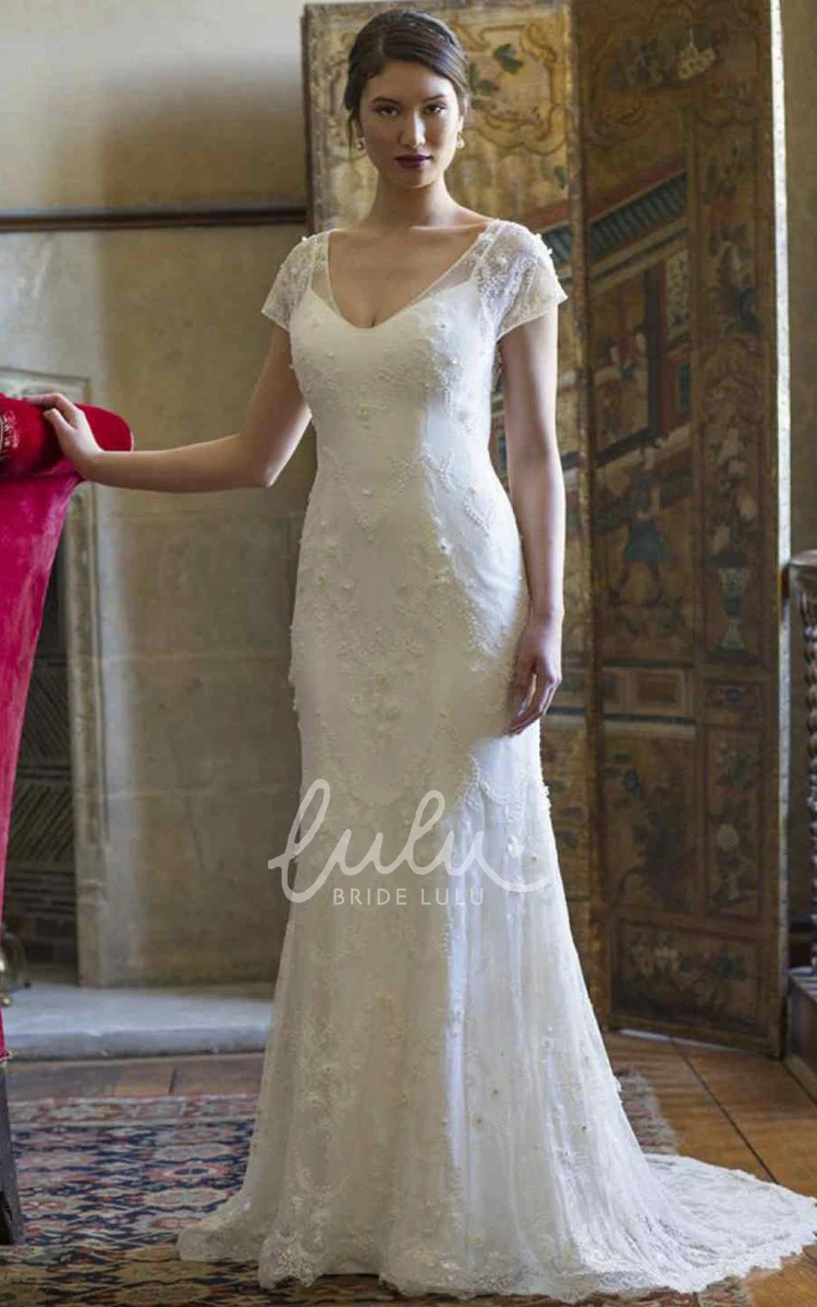 Lace Sheath Wedding Dress with V-Neck Cap-Sleeve Appliques and Keyhole Unique Bridal Gown