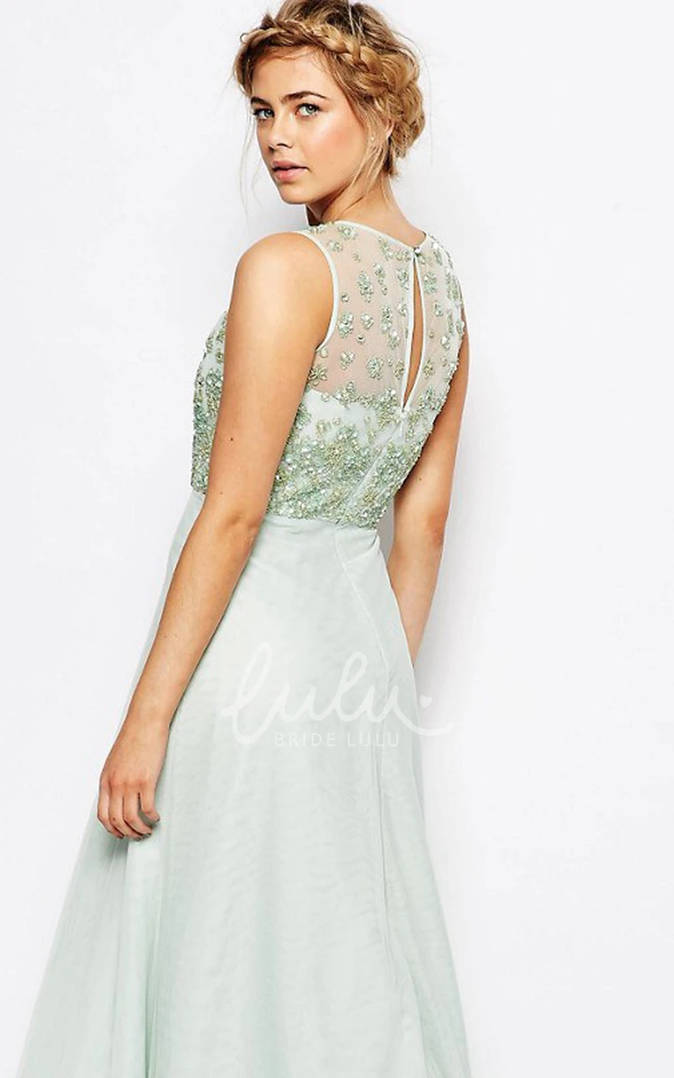 A-Line Beaded Tulle Bridesmaid Dress with Illusion Back and Scoop Neck Simple Country Dress