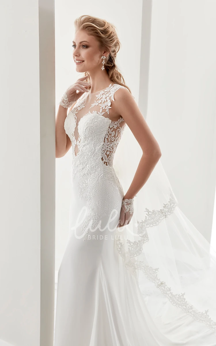 Lace Sheath Wedding Dress with Cap Sleeves Illusion Details and Court Train