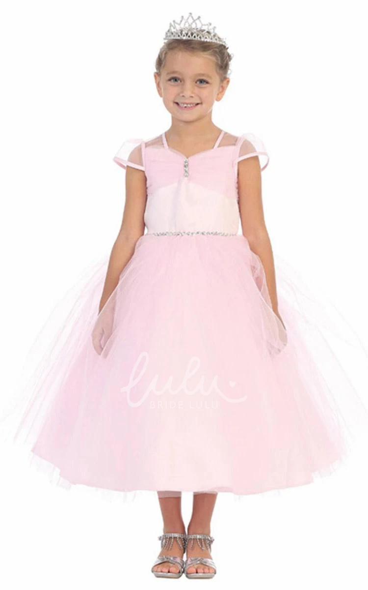 Illusion Ruched Tulle Flower Girl Dress Ankle-Length