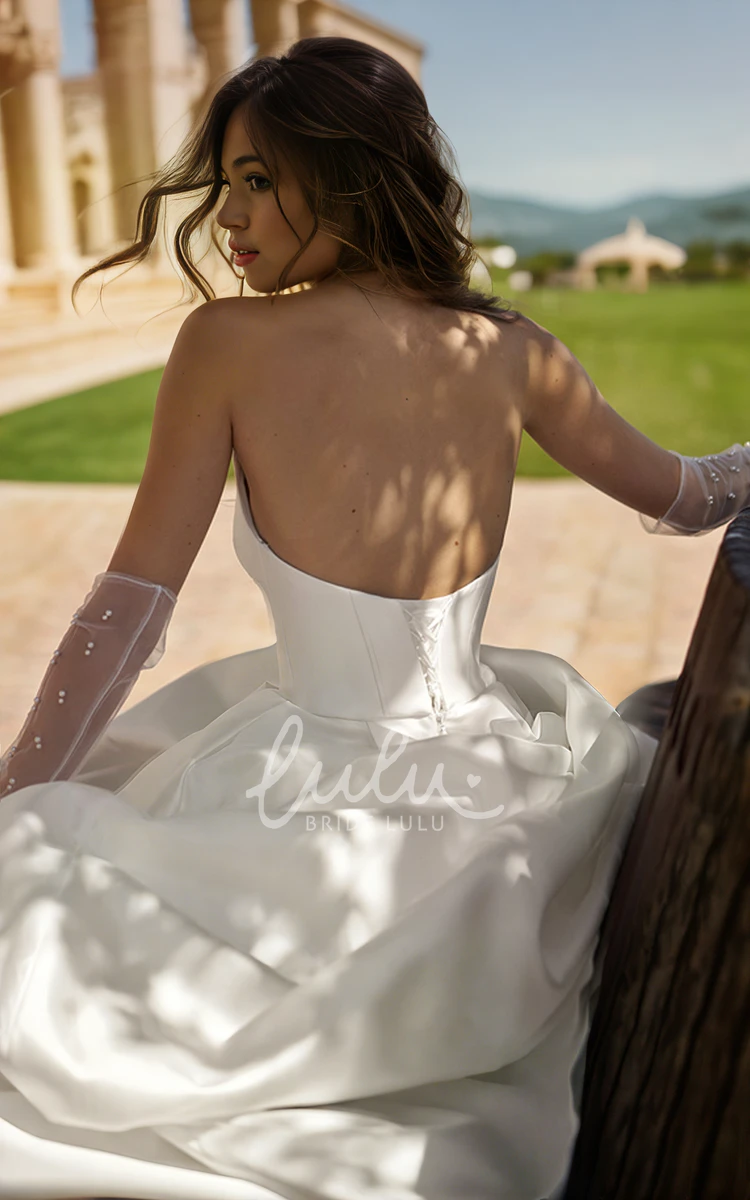 Simple Solid Satin Strapless A-Line V-neck Wedding Dress Sexy Elegant Sleeveless Split Front Floor-length Lace-up Back Bridal Gown with Train