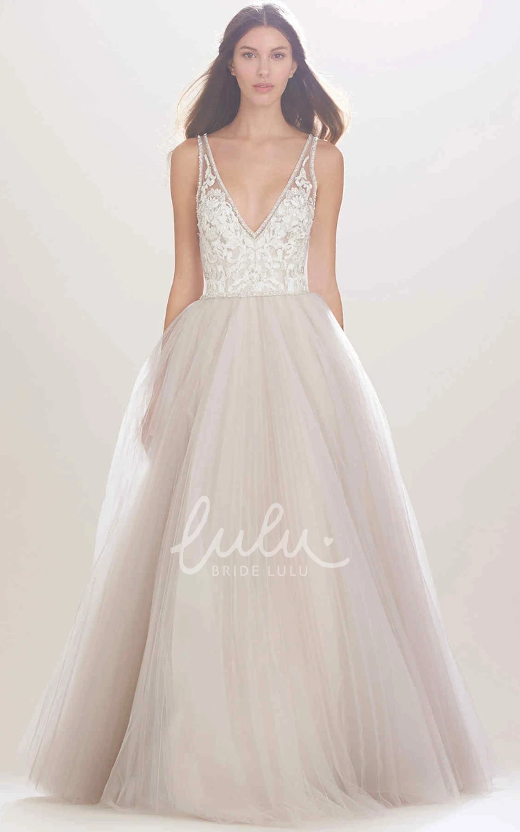 A-Line Tulle Wedding Dress with Beading and Illusion Sleeveless V-Neck Gown