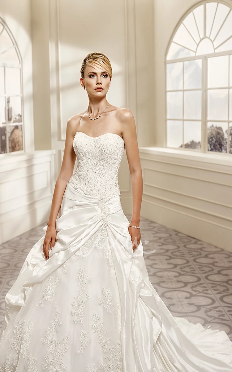 Strapless Satin&Lace A-Line Wedding Dress with Pick-Up Skirt
