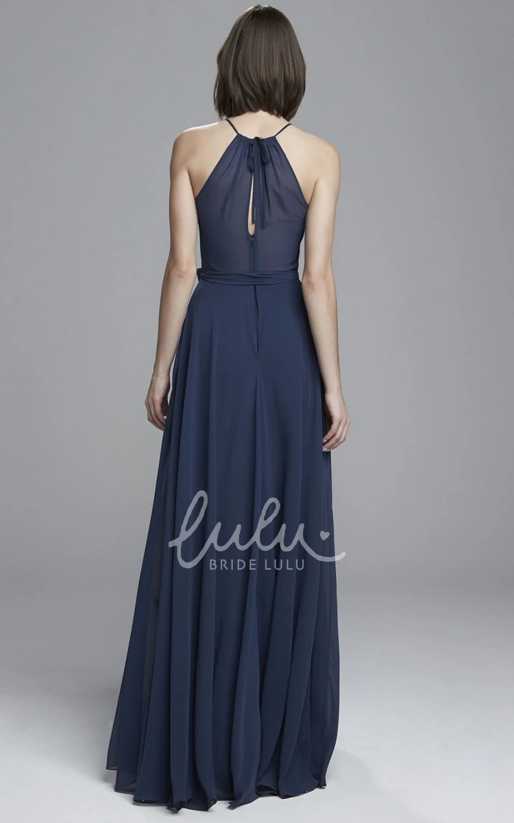 Ruched High-Neck Sheath Chiffon Bridesmaid Dress with Draping Sleeveless Floor-Length