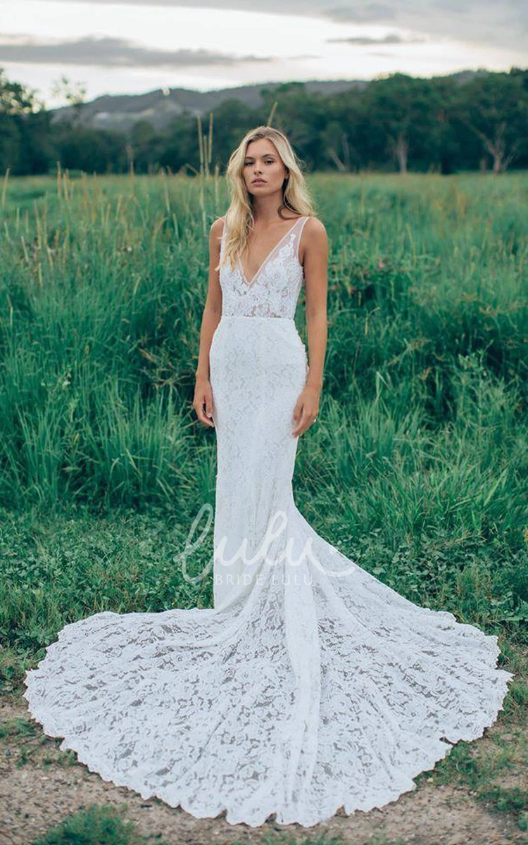 V-Neck Sleeveless Tulle Lace Trumpet Wedding Dress with Bell Appliques