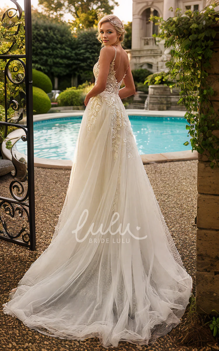 Elegant Sexy Spaghetti Sleeveless A-Line Floor-length Tulle Lace Appliques Wedding Dress Ethereal Romantic Garden Plunging Neckline Backless Bridal Gown with Train