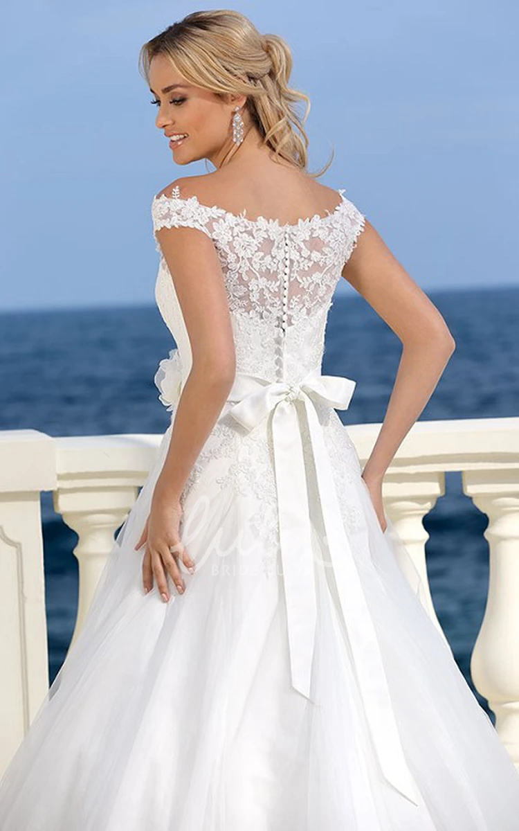 Long Bowed Appliqued Tulle Wedding Dress Off-The-Shoulder A-Line