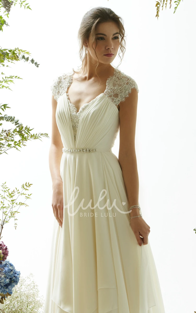 Beaded Chiffon Wedding Dress with V-Neckline Jeweled Detail and Sweep Train