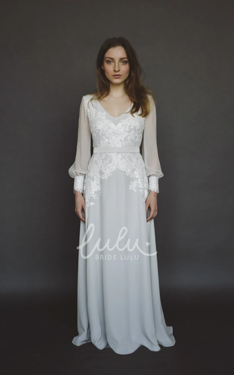 Chiffon Wedding Gown with Long Poet Sleeve and V-neck Lace Appliqued Split Chiffon Wedding Dress