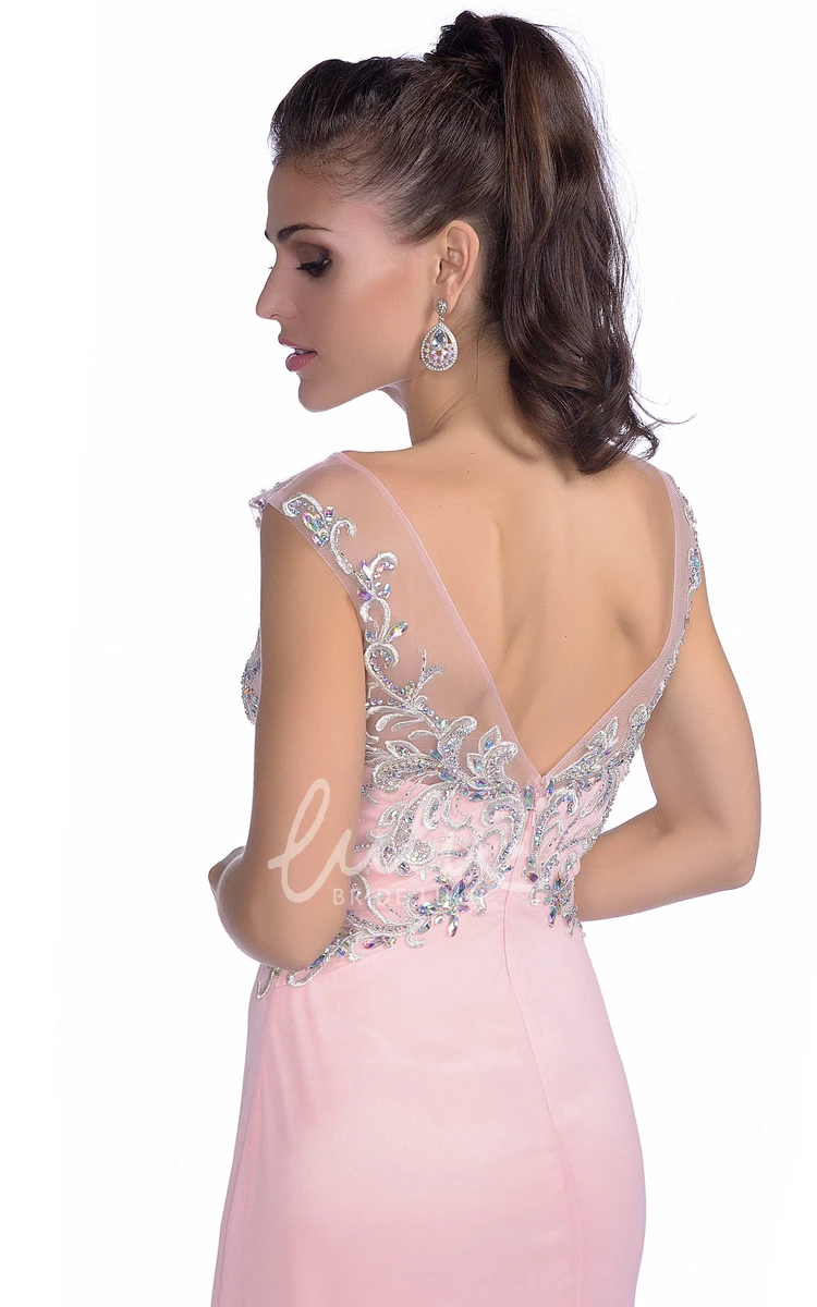 Chiffon A-Line Prom Dress with Cap Sleeve and Low-V Back Flowy Prom Dress Women