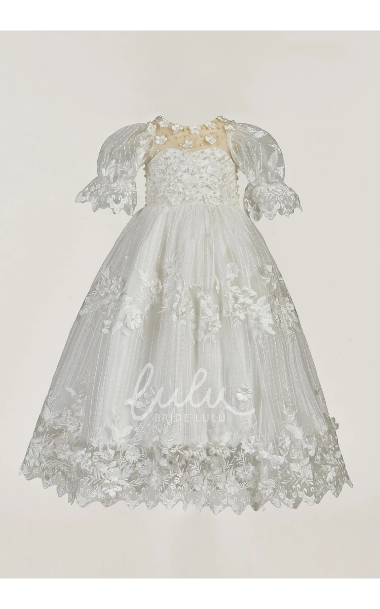 Flower and Pearl Embellished Lace Christening Dress Classic Baptism Gown