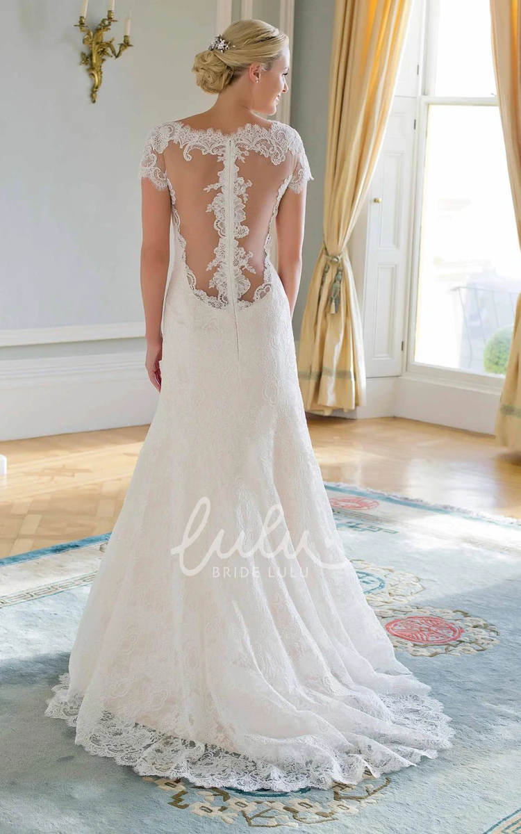 Illusion Cap-Sleeve Lace Sheath Wedding Dress Vintage Bridal Gown