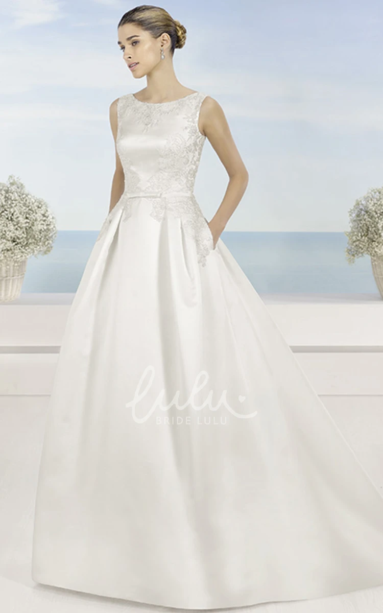 Appliqued Satin Wedding Dress with V Back and Sweep Train in A-Line Style