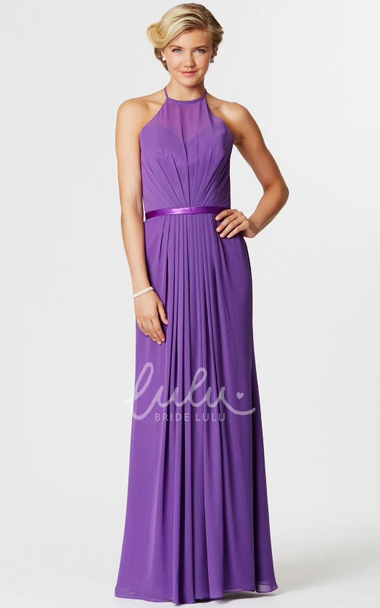 High Neck Sleeveless Chiffon Bridesmaid Dress with Ribbon and Ruching Knee-Length