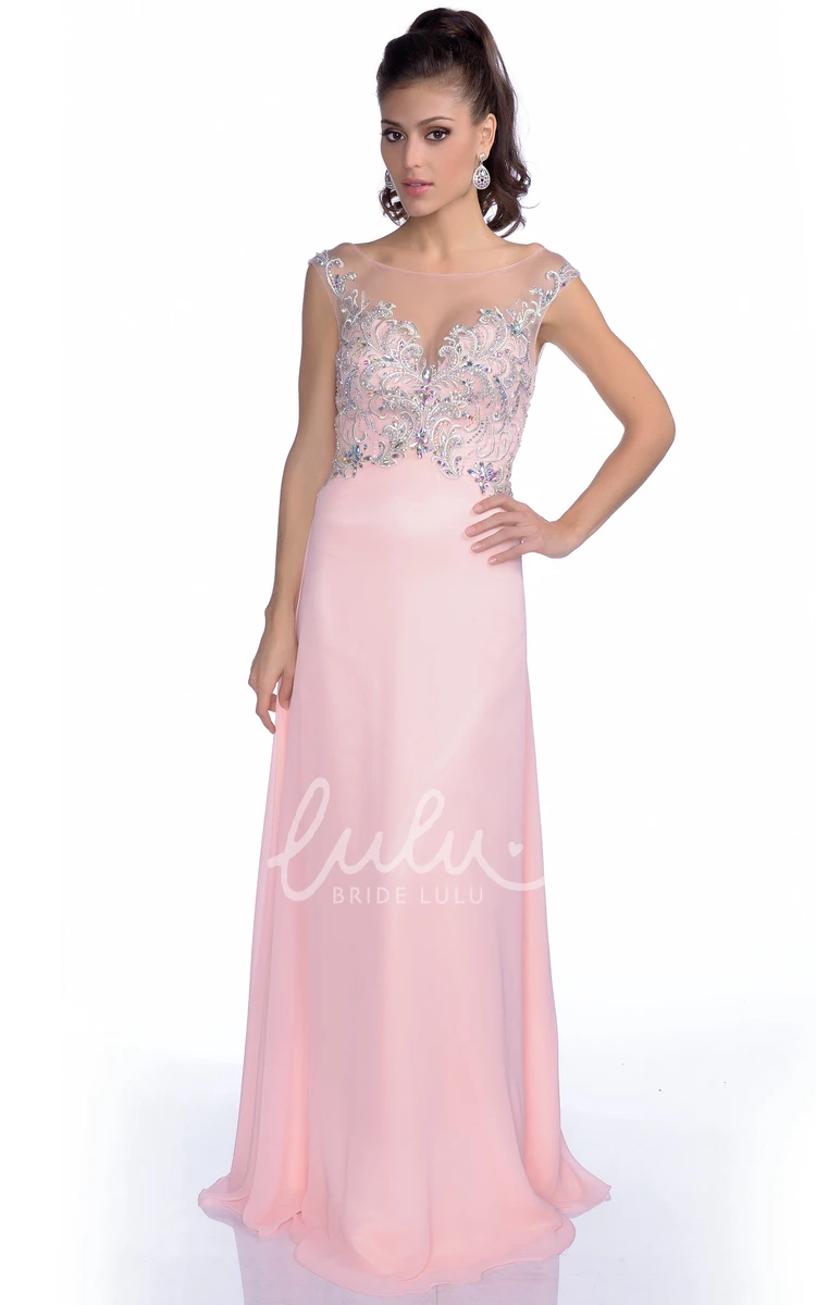 Chiffon A-Line Prom Dress with Cap Sleeve and Low-V Back Flowy Prom Dress Women