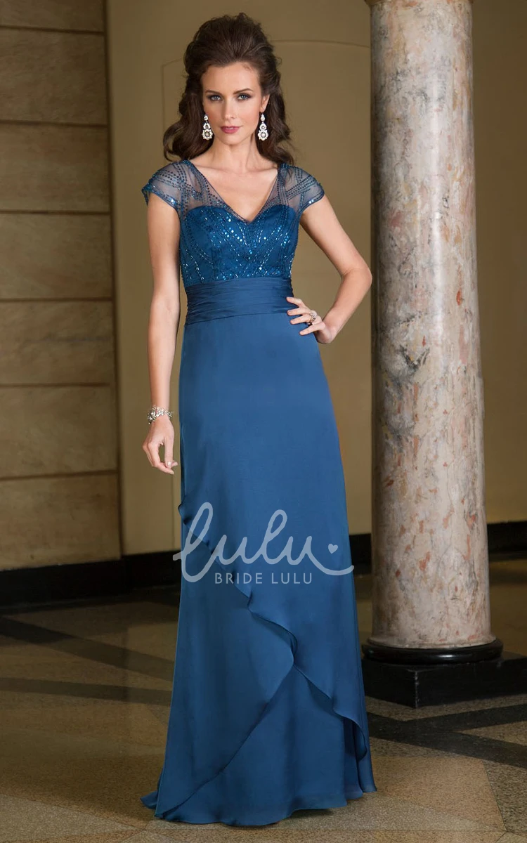 Ruffled V-Neck Mother of the Bride Dress with Cap Sleeves Flowy Formal Dress